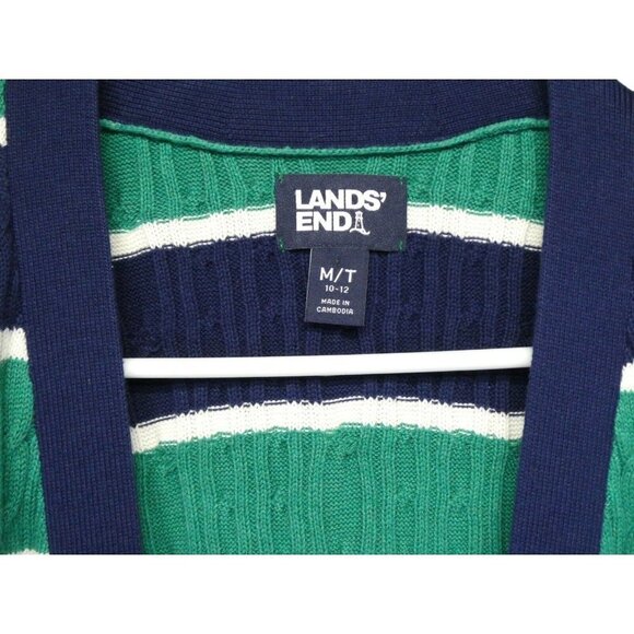 Lands End Cable Knit‎ Tie Front Cardigan Size M Tall 10-12 Stripe Green Red Blue - Picture 4 of 12